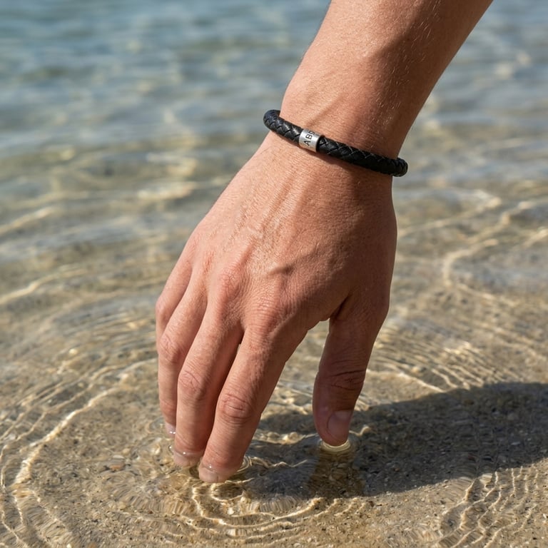 Mens Leather Bracelet : One Personalised Hand Stamped Name Ring, Gift Boxed