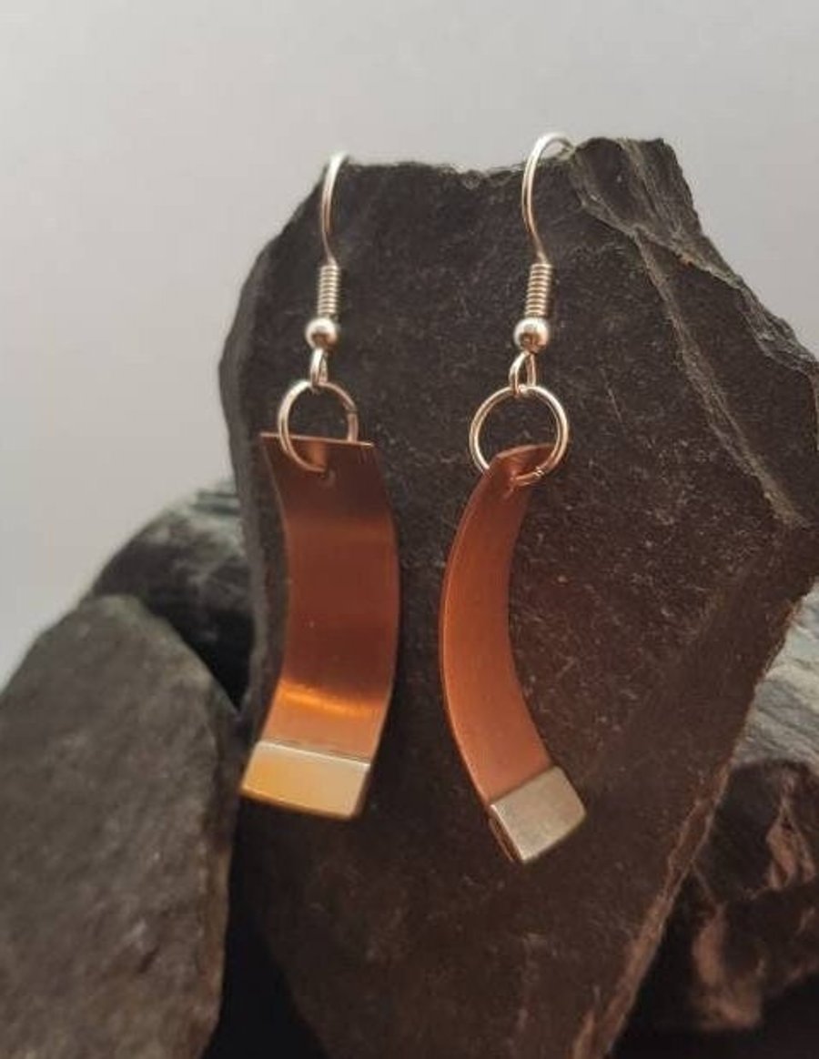 Copper and Silver Dangle Drop Earrings with Curved Design