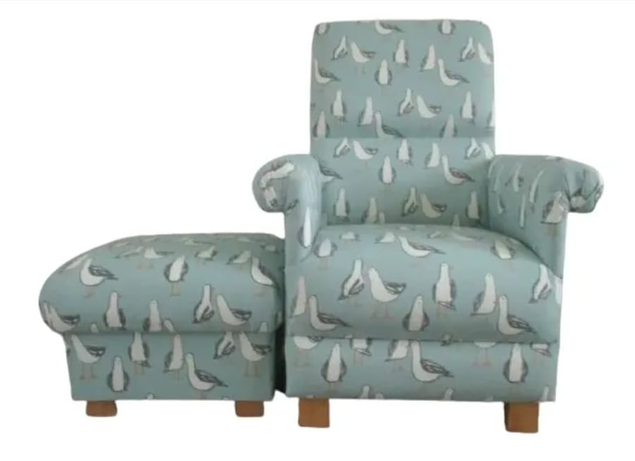 Duck Egg Seagulls Chair Adult Armchair & Footstool Clarke Gulls Laridae Fabric