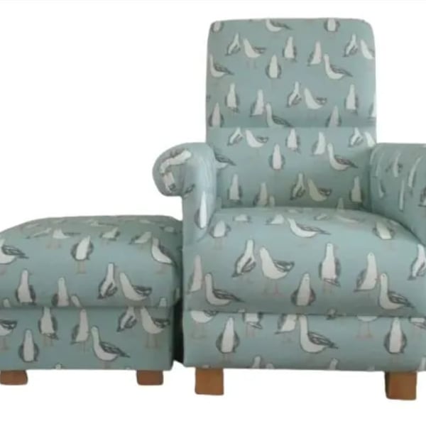 Duck Egg Seagulls Chair Adult Armchair & Footstool Clarke Gulls Laridae Fabric