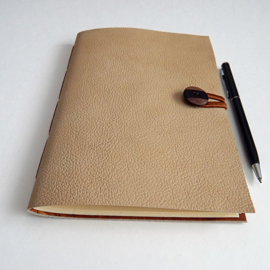 Caramel Leather Journal Notebook with Wooden Button Closure, Gifts for Men