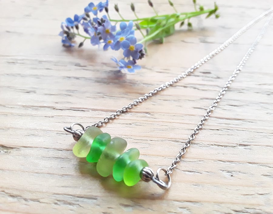 Horizontal Stacked Seaglass Necklace: Spring Green