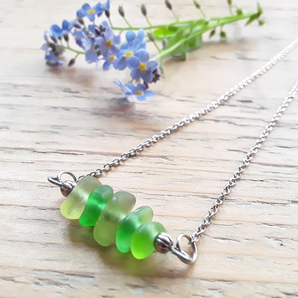 Horizontal Stacked Seaglass Necklace: Spring Green