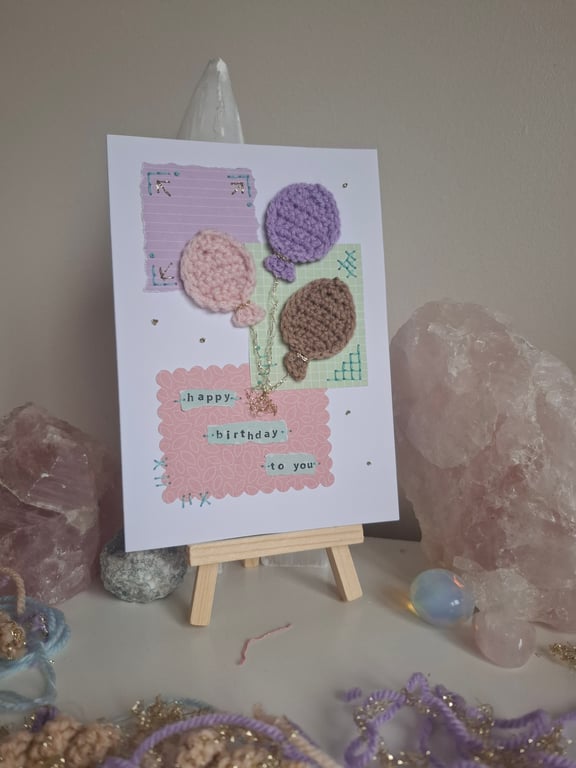 Crochet Balloon Birthday Card – Handmade Textured Card – Cute Pastel Birthday Ca