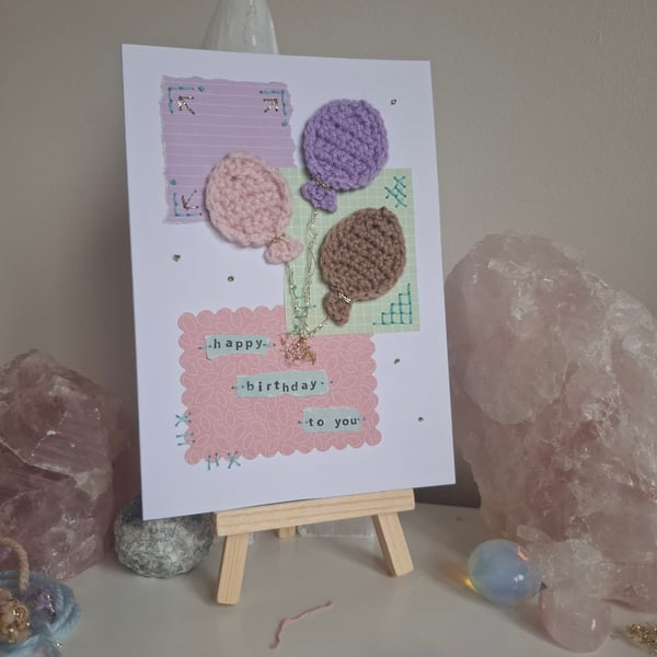 Crochet Balloon Birthday Card – Handmade Textured Card – Cute Pastel Birthday Ca