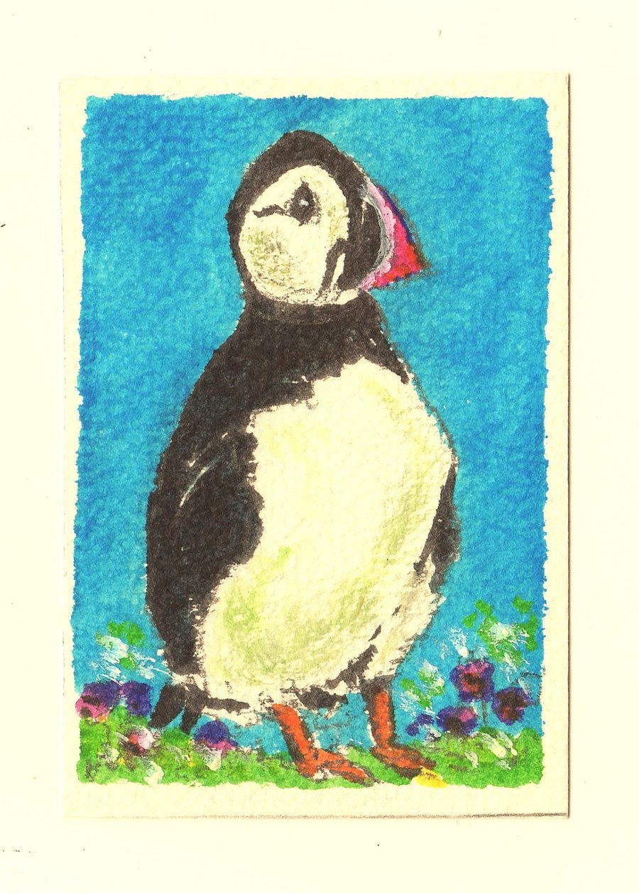 Aceo Original Watercolour, Puffin, Size 3.5 x 2.5 inchea, Miniature Art