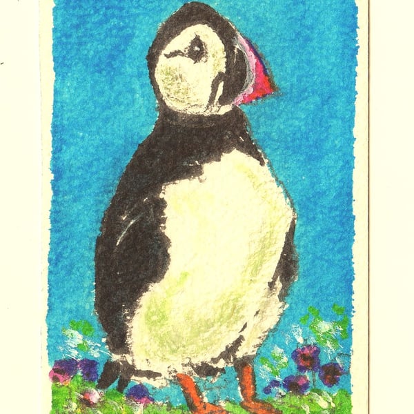 Aceo Original Watercolour, Puffin, Size 3.5 x 2.5 inchea, Miniature Art