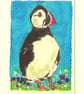 Aceo Original Watercolour, Puffin, Size 3.5 x 2.5 inchea, Miniature Art