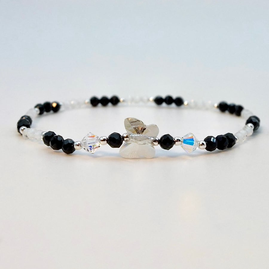 Crystal Quartz And Black Spinel Bracelet With Butterfly, Birthday Gift For Her