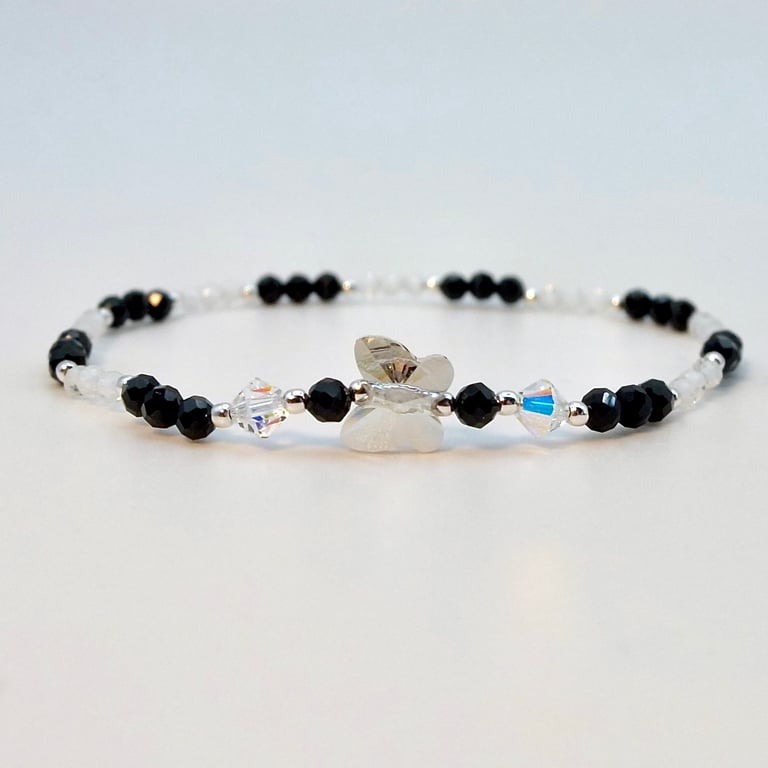 Crystal Quartz And Black Spinel Bracelet With Butterfly, Birthday Gift For Her