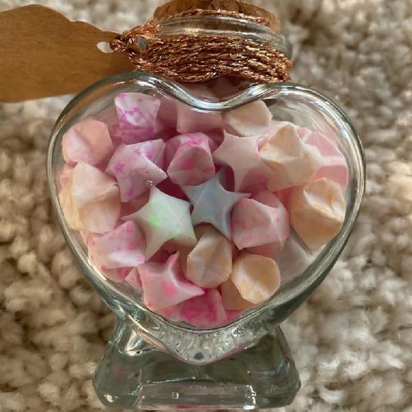 "Pick & Mix" Folded Lucky Stars in Heart Shaped jar glow in the dark