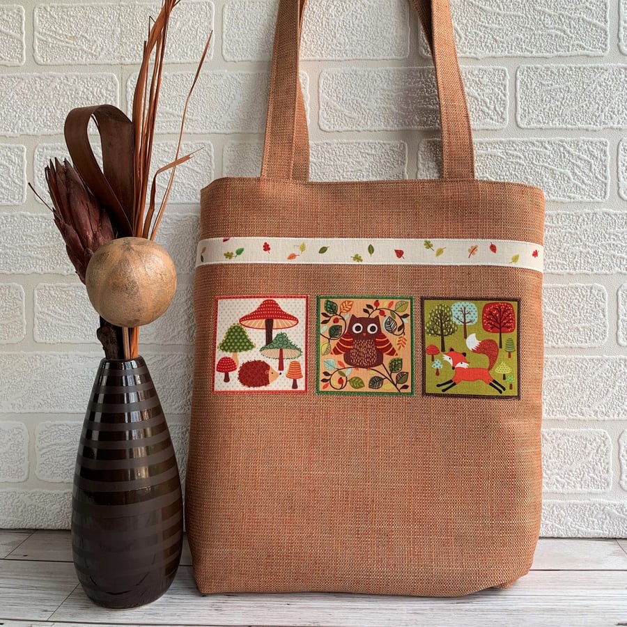 Woodland tote bag with hedgehog, owl, fox and toadstools