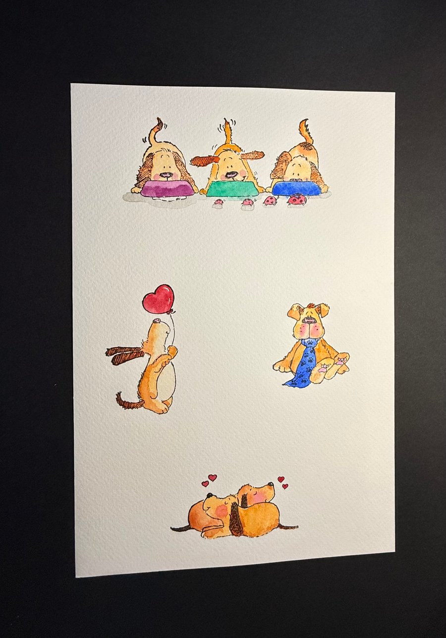 A4 card topper page using Penny Black stamps - Four dog illustrations