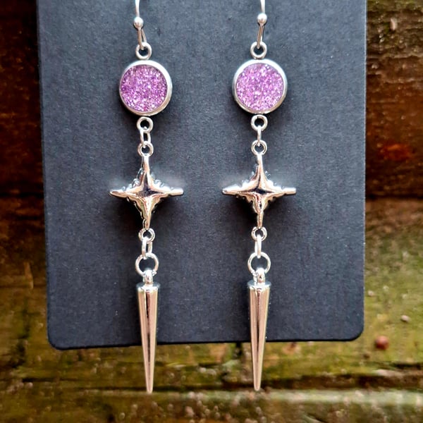 Gothic purple spike dangly earrings punk emo star alternative 