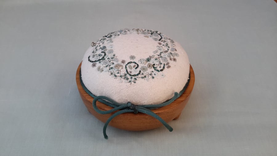 Hand Embroidered Pincushion, hand sewn pin cushion with bluey green embroidery
