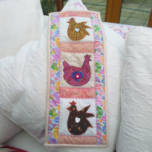 ChrissieCraft comical embellished CHICKENS patchwork wall hanging