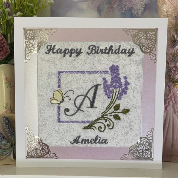 Lavender Initial personalised embroidered Birthday Card