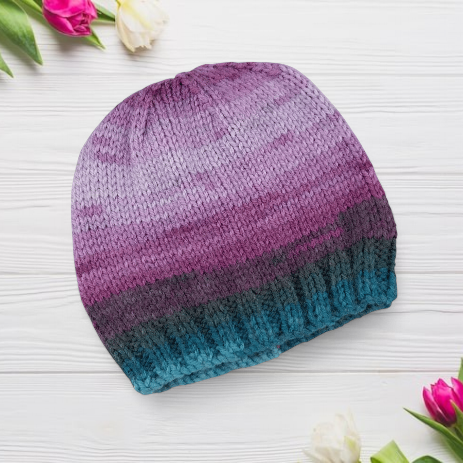 Purple and Blue Baby Hat Hand Knitted with Self-Striping Yarn