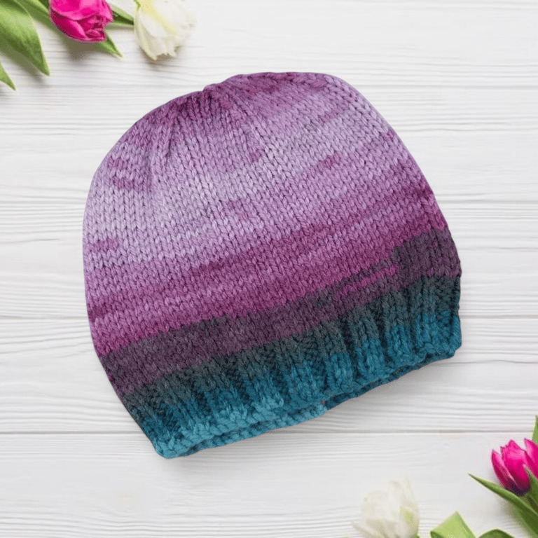 Purple and Blue Baby Hat Hand Knitted with Self-Striping Yarn