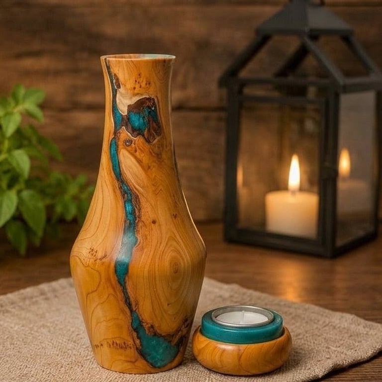 Handmade Yew Vase and Tealight holder with Turquoise Resin