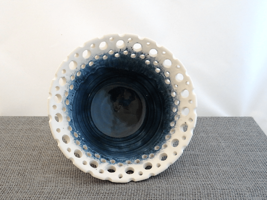 Decorative blue and white pierced bowl - handmade pottery