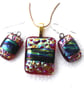 Dichroic Glass Pendant Earring Set 104 Red Band Sparkles with gold plated chain - Image 6