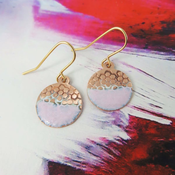 Enamel and Textured Copper Dangle Earrings with Pink Enamel