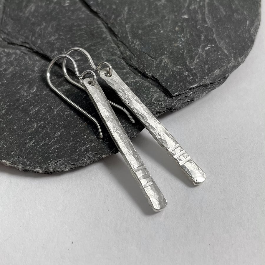 Notched Pins long forged silver dangle earrings