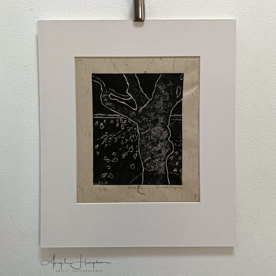 Mounted Lino and Collograph Print Original - Tree and Hares - Muse