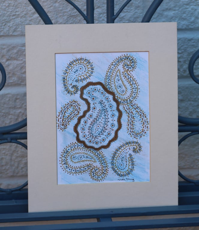 Paisley pattern, gold & blue on blue background, mounted, 10x8"