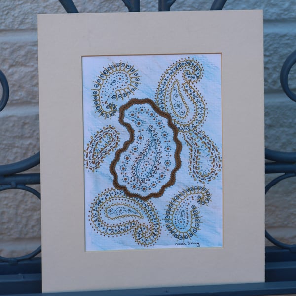 Paisley pattern, gold & blue on blue background, mounted, 10x8"