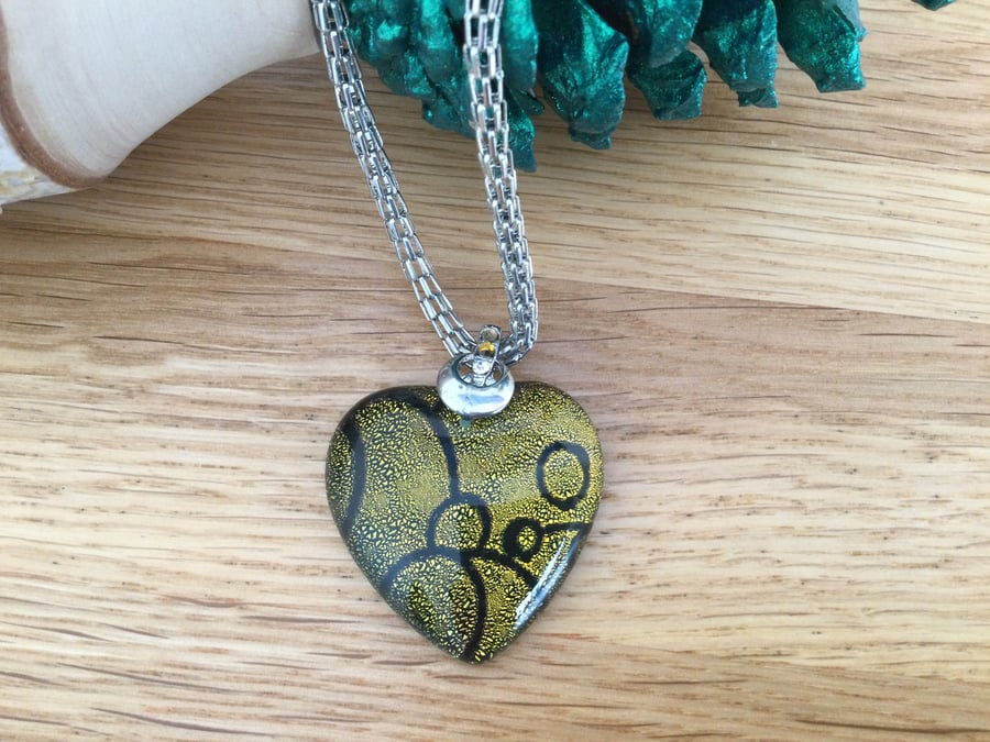 Yellow and  Black Murano Style Heart Necklace