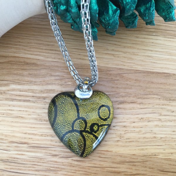 Yellow and  Black Murano Style Heart Necklace