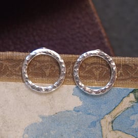 Hammered silver round hoop stud earrings, recycled Eco-friendly silver