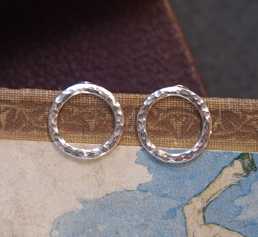 Hammered silver round hoop stud earrings, recycled Eco-friendly silver