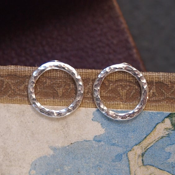Hammered silver round hoop stud earrings, recycled Eco-friendly silver