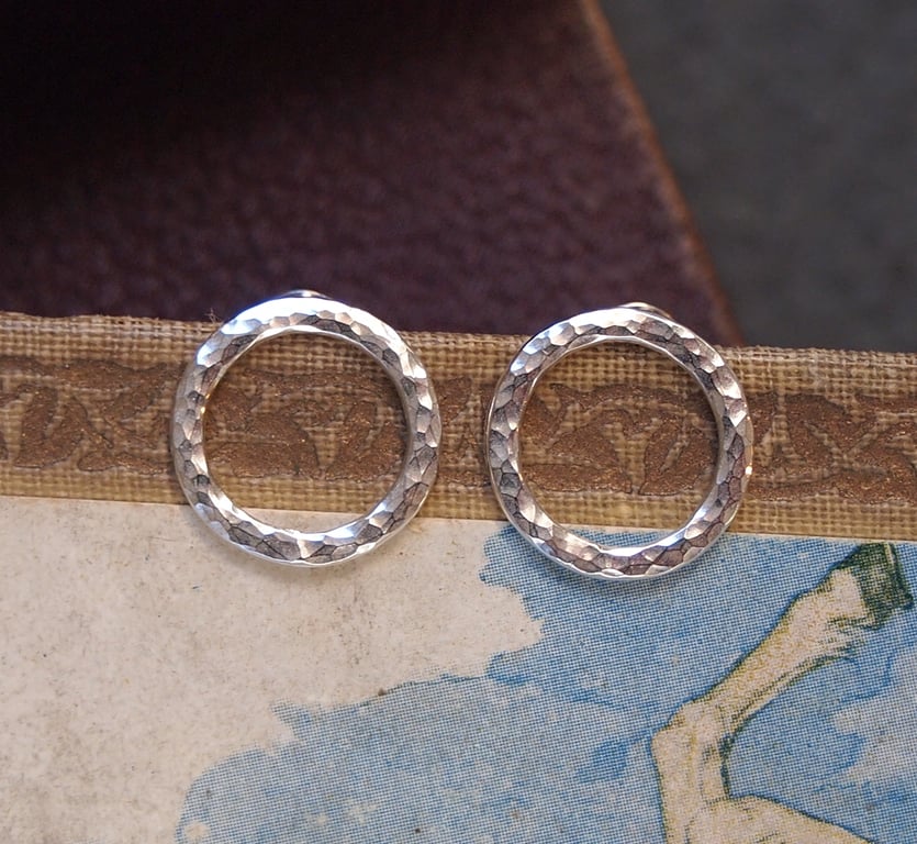 Hammered Sterling silver round hoop stud earrings, recycled Eco-friendly silver