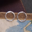 Hammered Sterling silver round hoop stud earrings, recycled Eco-friendly silver