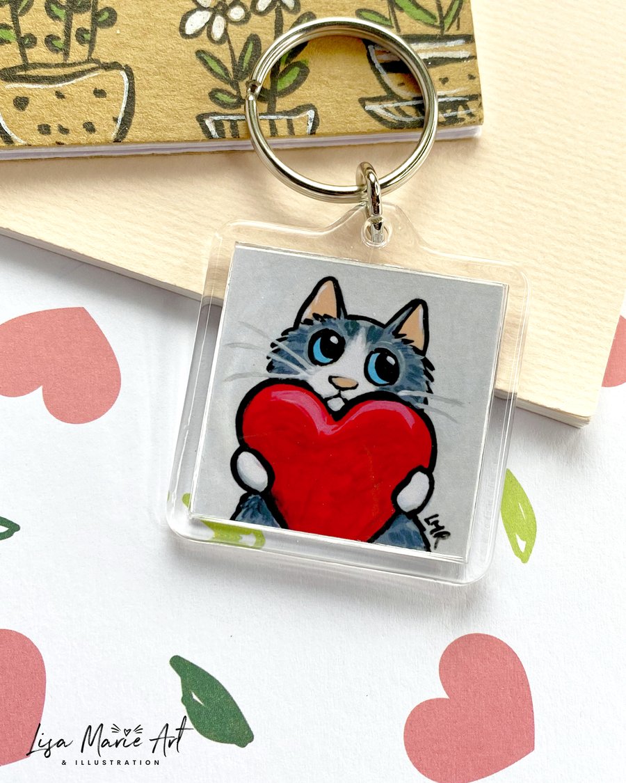 Grey Tabby Cat Valentine Keyring – Tabby Cat with Red Heart