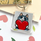 Grey Tabby Cat Valentine Keyring – Tabby Cat with Red Heart