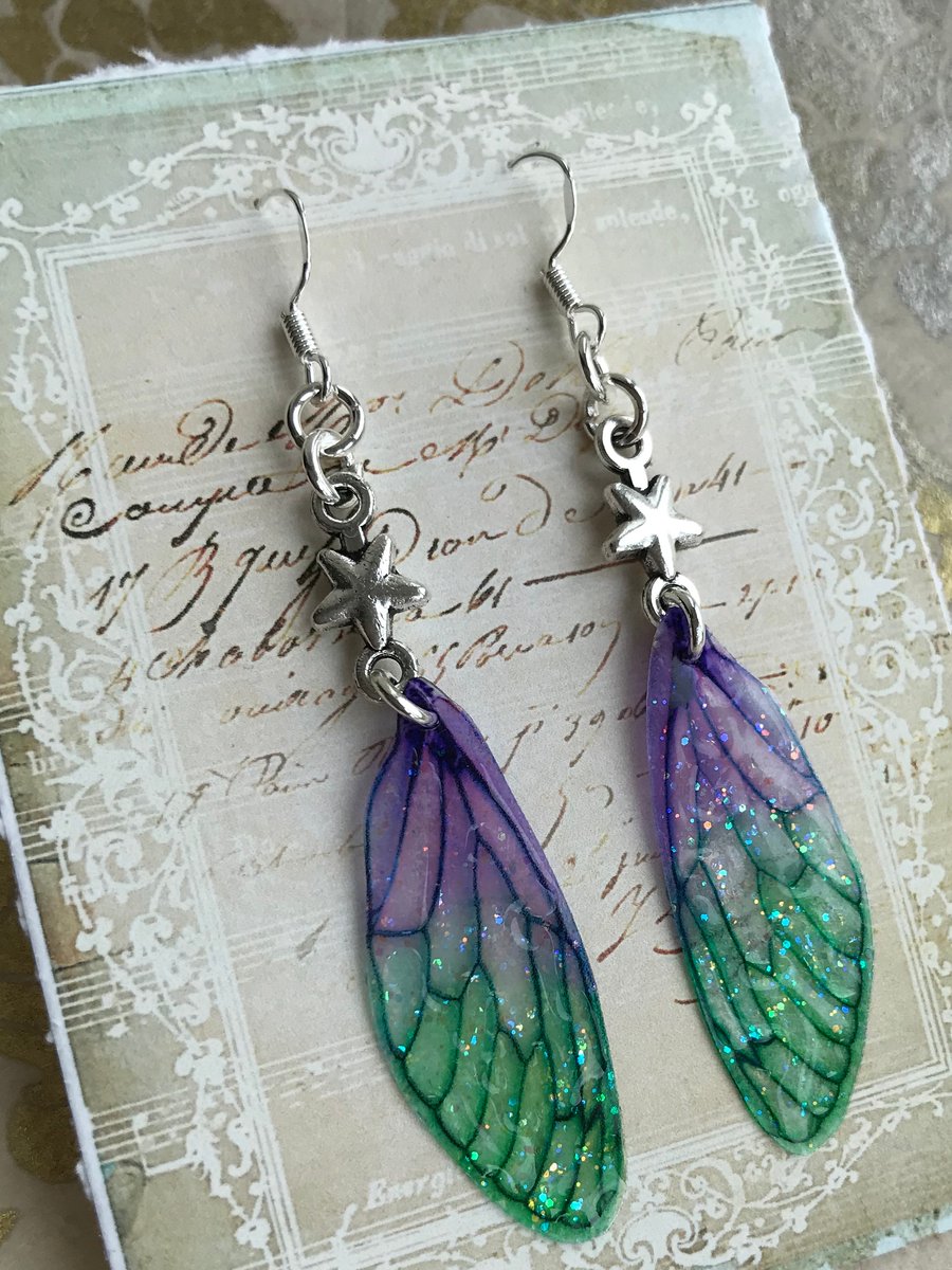 Green and Purple Star Fairy Wing Earrings Sterling Silver