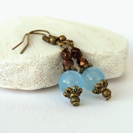 Blue jade and brown crystal earrings