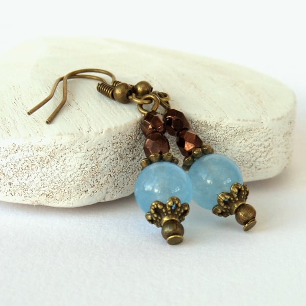 Blue jade and brown crystal earrings