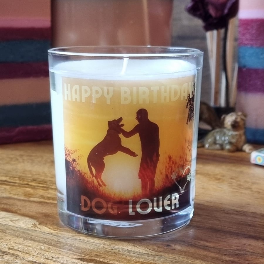 Scented Candle In Glass Happy Birthday Dog Lover Design Wax Blend 30cl Gift