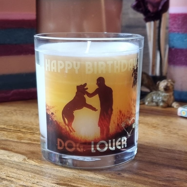 Scented Candle In Glass Happy Birthday Dog Lover Design Wax Blend 30cl Gift