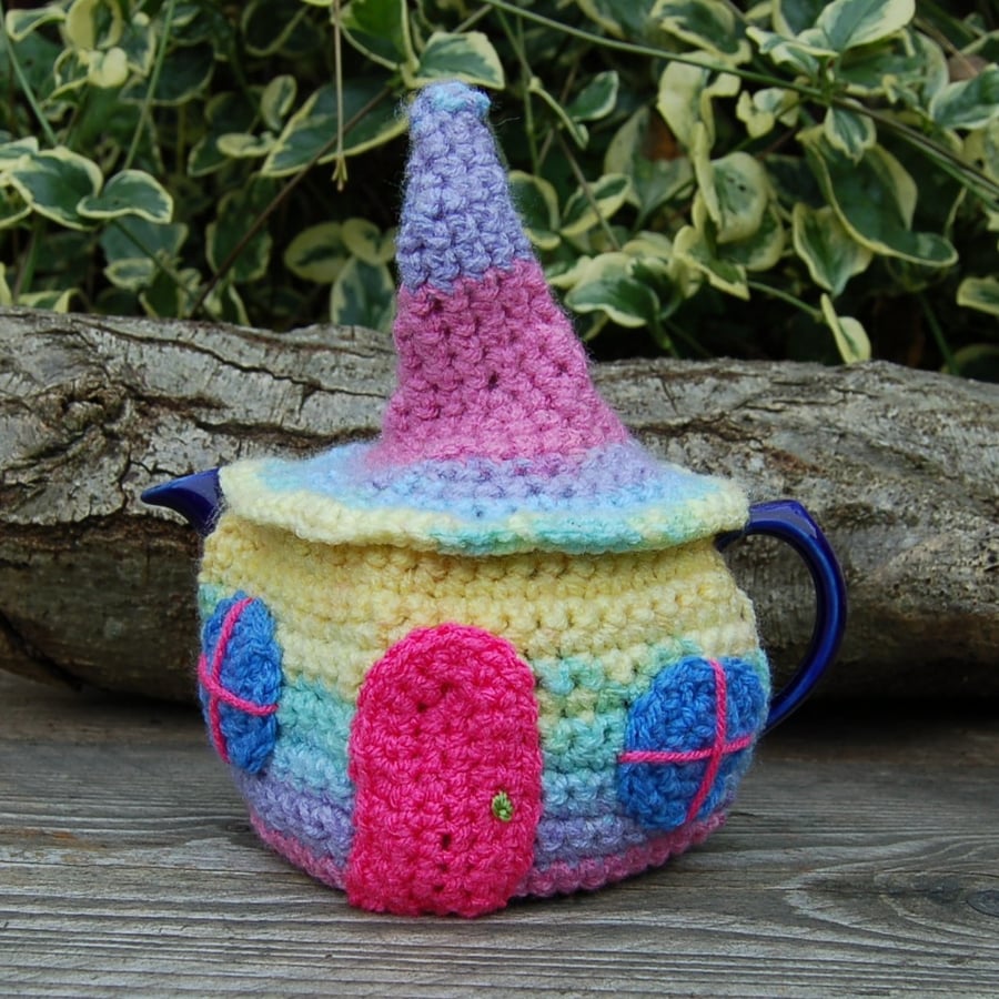tea cosy, Crochet Fairy cottage colourful tea cosy for a one or two cup teapot