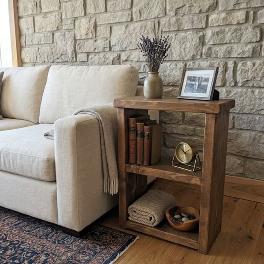 Handmade Rustic Solid Wood Sofa Side End Table with Shelf - Reclaimed - Recycled