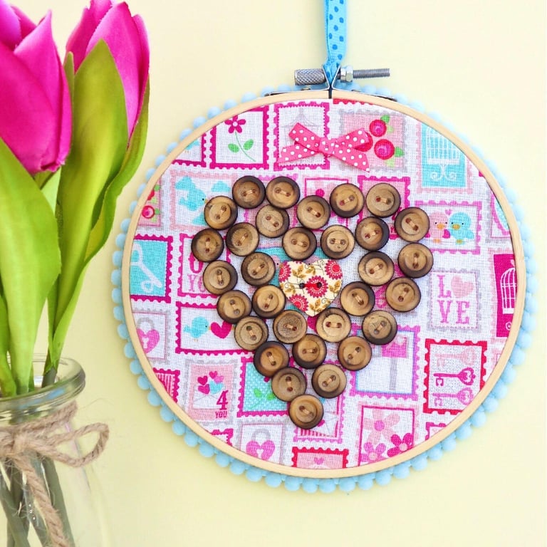 Button Heart Embroidery Hooped Decoration 15cm (6”) ready to hang