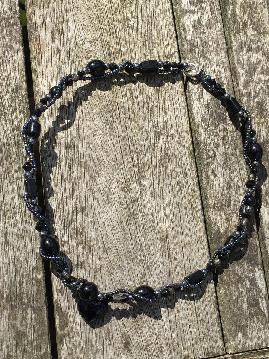 Black glass and seed beads wrapped necklace