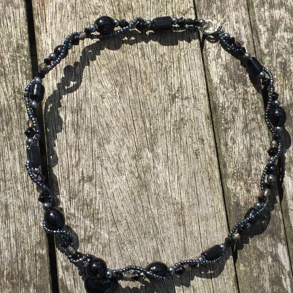 Black glass and seed beads wrapped necklace